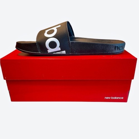 New Balance Mens Slides Size 12 Black White Logo Sandals - Picture 3 of 9